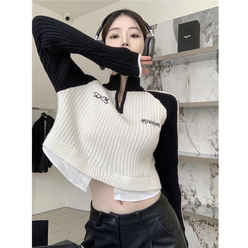 Áo Len Tay Dài Cổ Đứng Giả Hai Lớp Phối Màu Tương Phản Phong Cách Hàn Quốc Thời Trang Cho Nữ