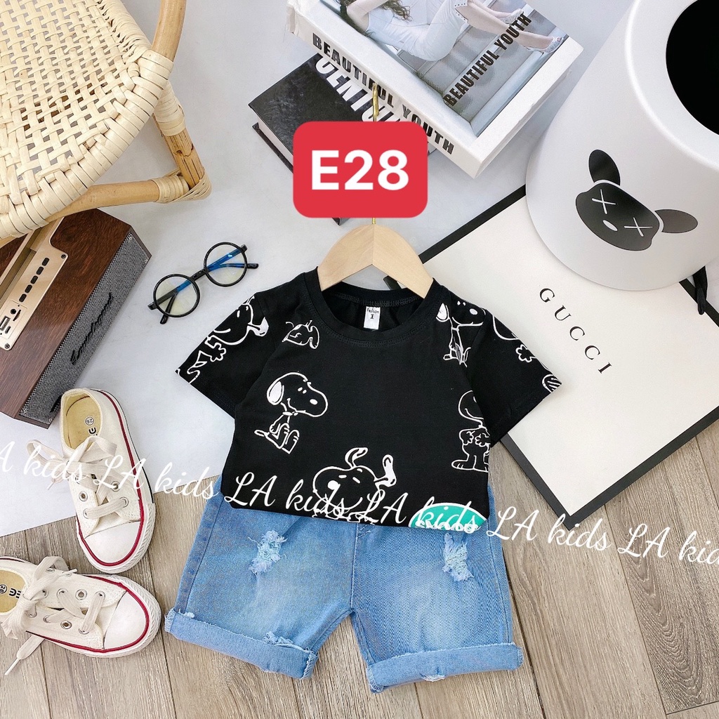 Bộ đồ tay ngắn cộc tay áo thun cotton phối quần jeans in hình snoopy cực chất E27 E28
