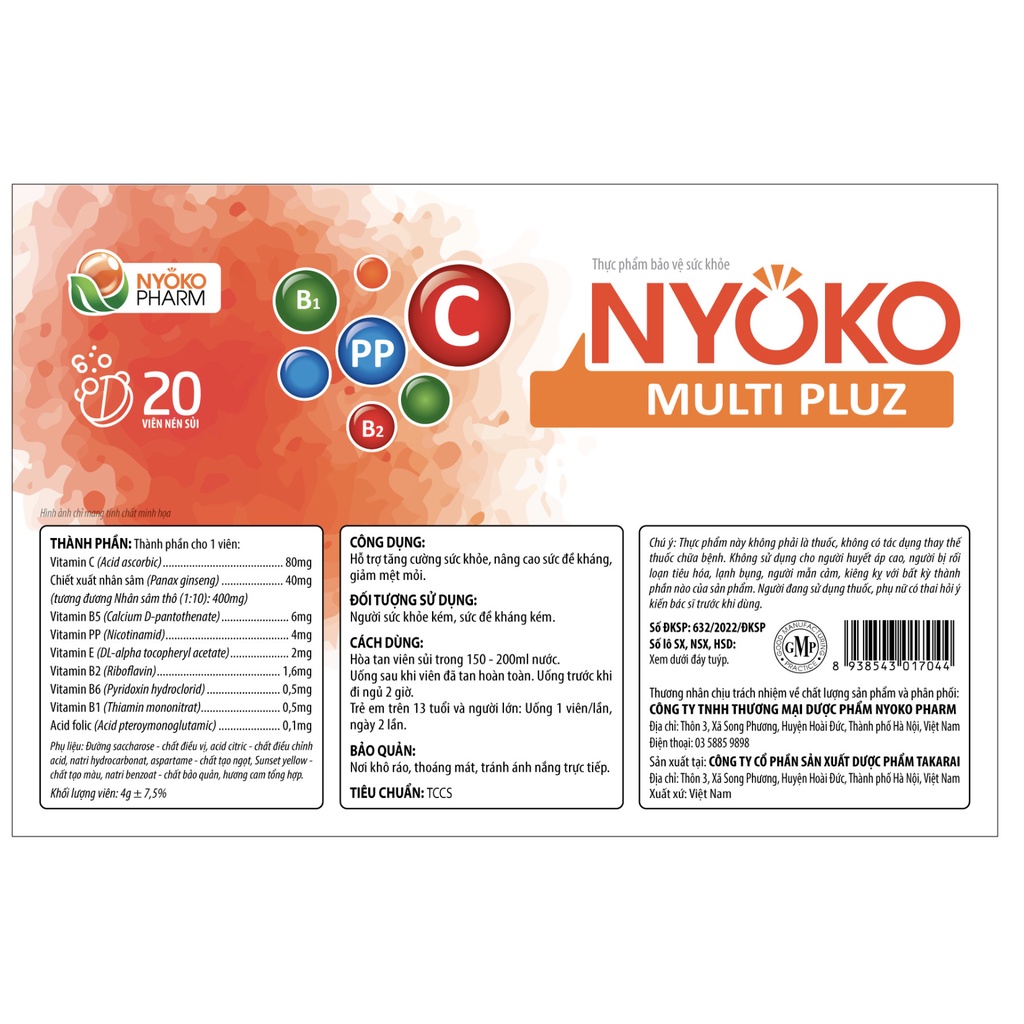 Viên sủi vitamin Multi Pluz NYOKO có chiết xuất nhân sâm tăng sức đề kháng cho cơ thể hộp 1 lọ 20 viên