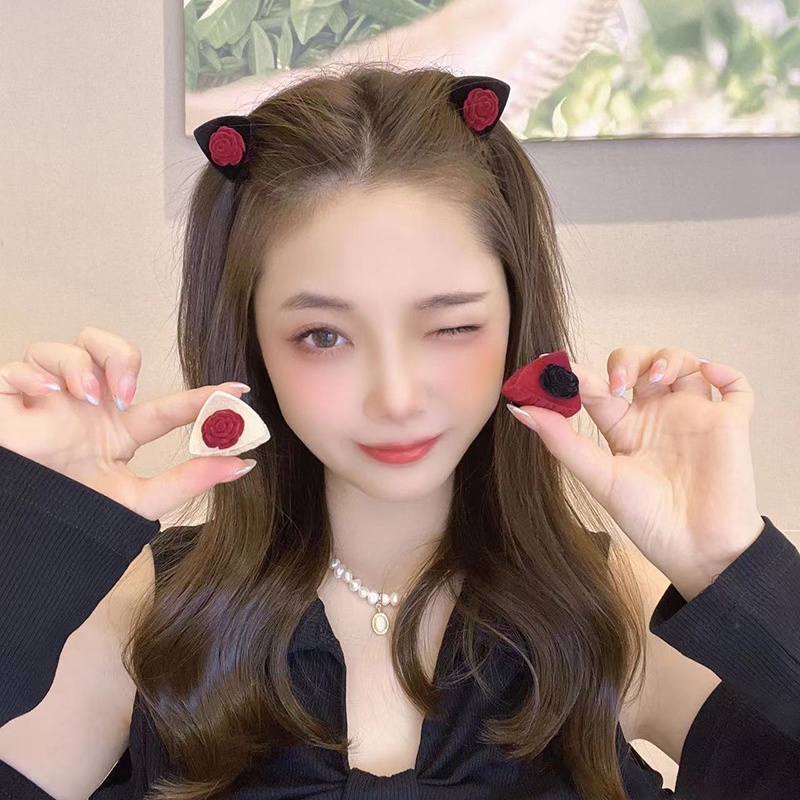 Kẹp Tóc Hình Tai Mèo Hai Mặt Màu Trơn Phong Cách Retro Cho Nữ