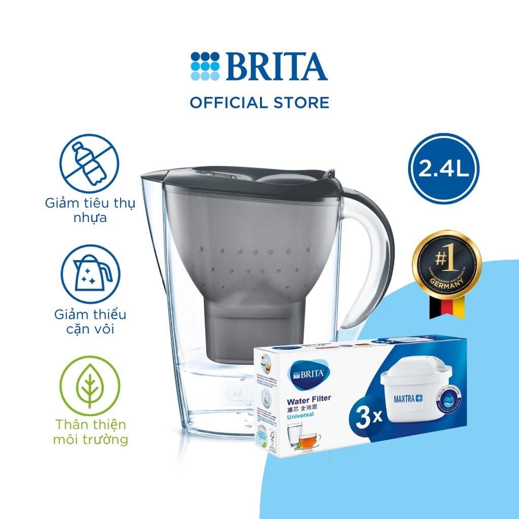 Combo Bình lọc nước BRITA Marella Cool 2.4L kèm Hộp 3 lõi lọc BRITA Maxtra Plus Trắng