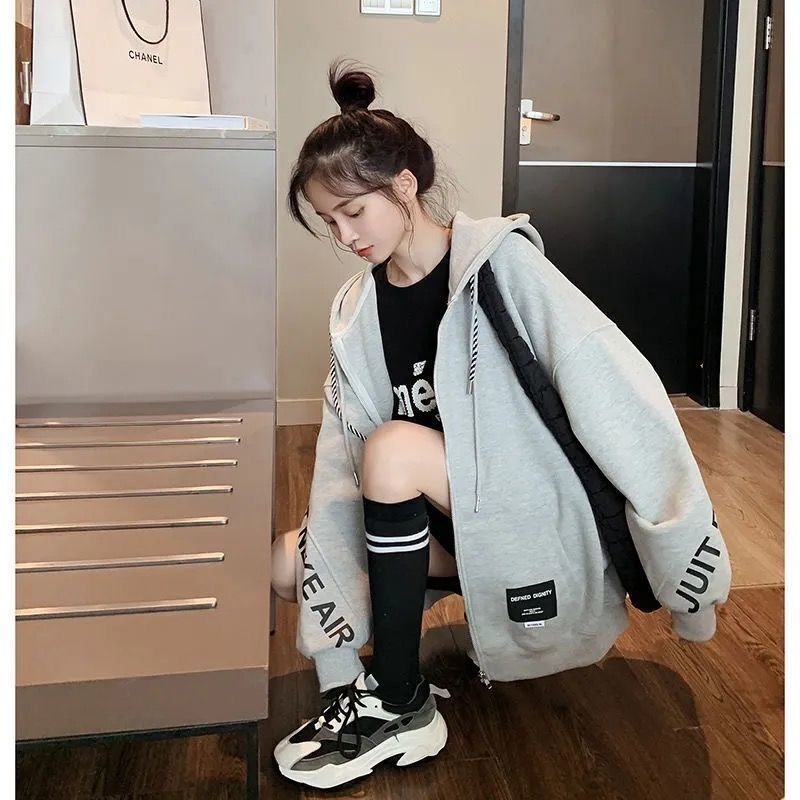 ZHELIHANGFEI Áo Hoodie Tay Dài Dáng Rộng Có Khóa Kéo Thời Trang Dễ Phối Đồ