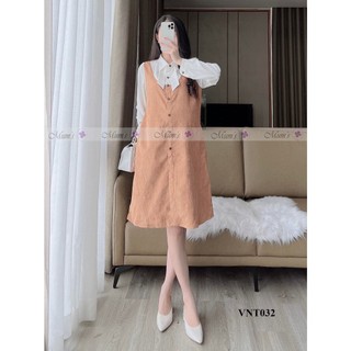 Đầm bầu 🚛freeship🚛 - váy chất nhung tăm da bò cổ đức trắng