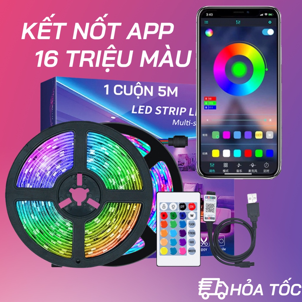Đèn LED 5m RGB 16 triệu Màu Điều Khiển Bằng Điện Thoại, Nháy Theo Nhạc - Dây LED RGB Trang Trí Decor Phòng