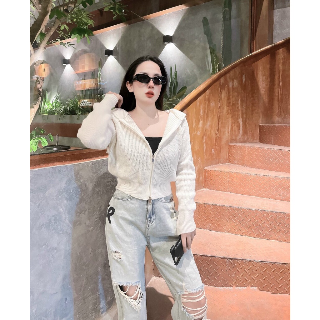 Cardigan Nữ Có Mũ, Áo Khoác Len Kéo Khoá Hàng Quảng Châu