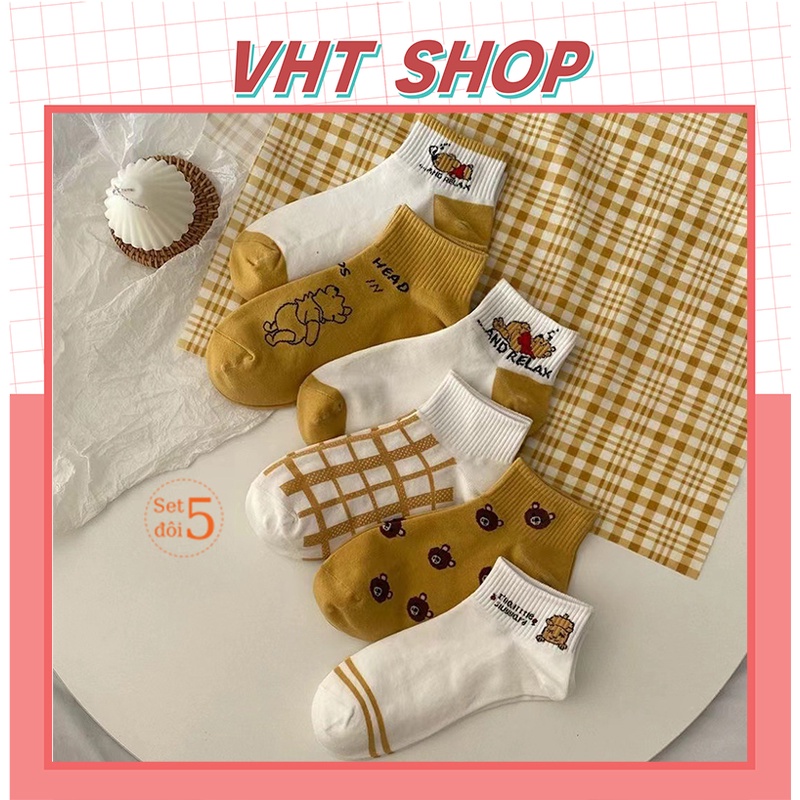Tất nữ cổ ngắn, set 5 đôi vớ tất nữ vải cotton co giãn họa tiết xinh xắn thời trang TC160U - VHT SHOP