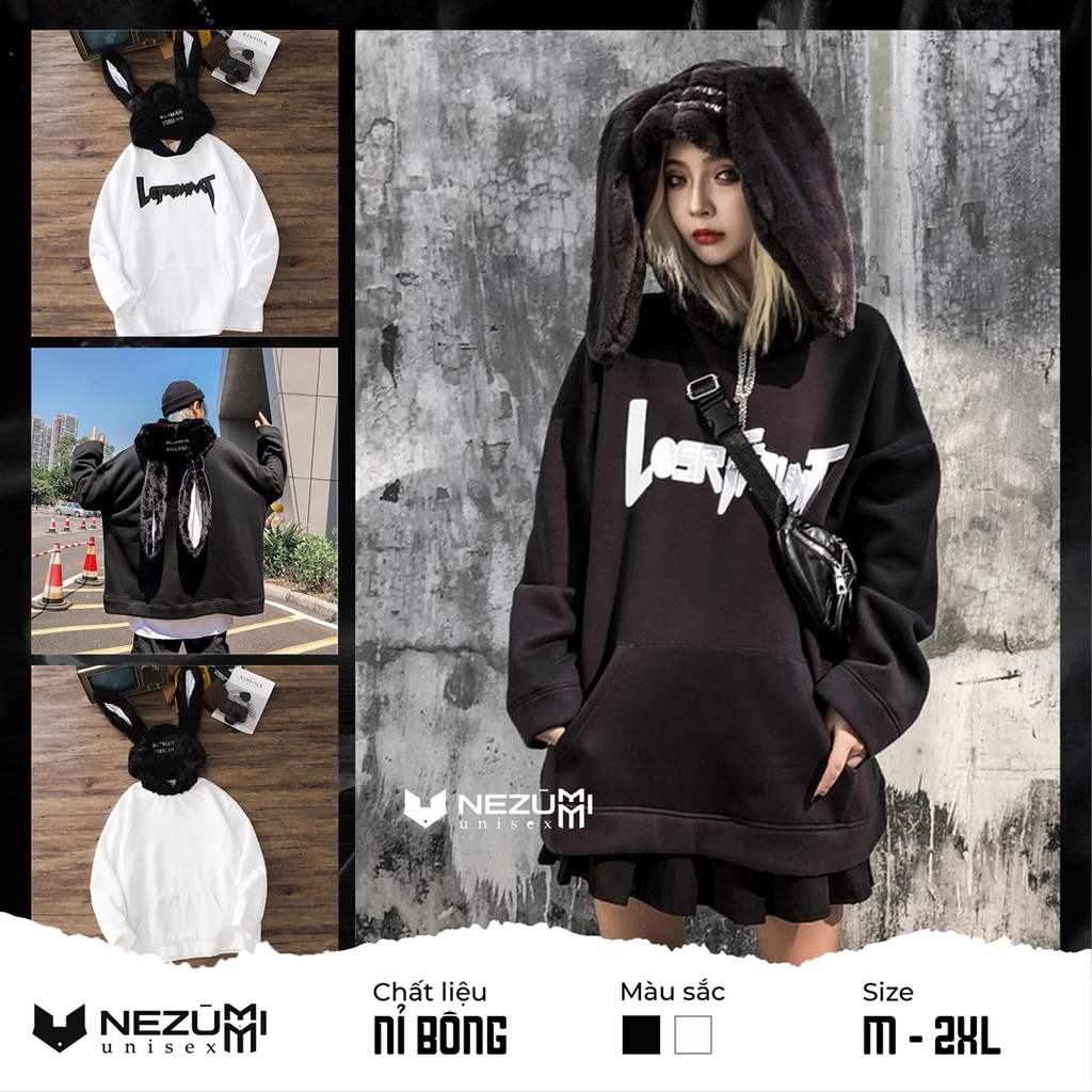 (Sẵn đen, trắng, nâu) Áo hoodie nỉ bông tai thỏ dài siêu to khổng lồ chữ ngực thêu đáng yêu, mũ lông mềm unisex nam nữ