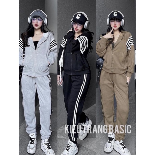 [ 𝐅𝐑𝐄𝐄 𝐒𝐇𝐈𝐏 ] Set thể thao mũ khoá sọc tay túi bụng hot hit Vải nỉ tàu dày dặn, chạy rót nổi chuẩn mẫu