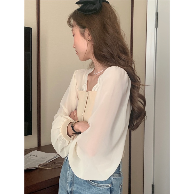 ZHELIHANGFEI Áo Sweater Tay Dài Cổ Vuông Eo Cao Phong Cách Pháp Sang Trọng