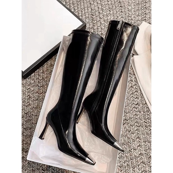 Boots da mũi phối kim loại gót cao 9cm