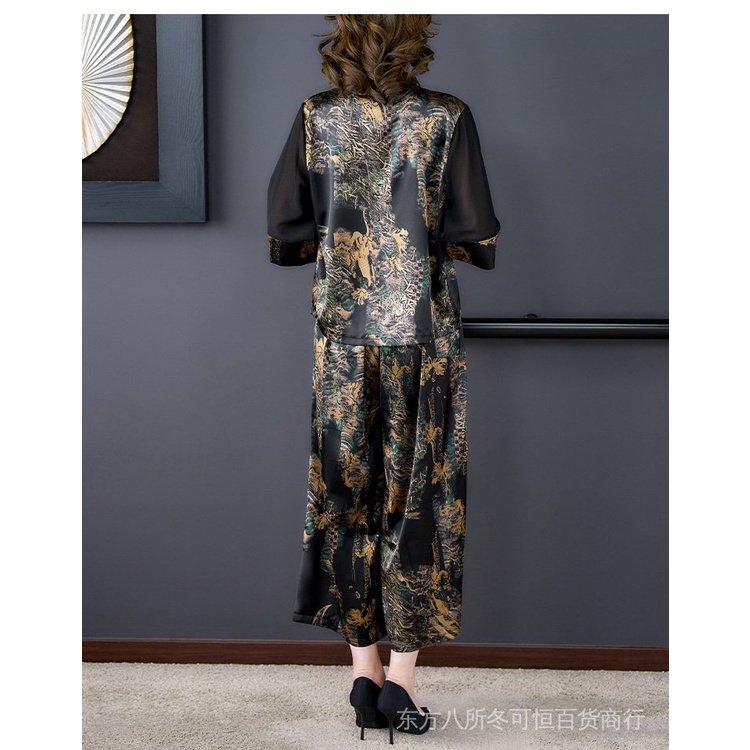 Áo Sườn Xám Vải Lụa Dáng Rộng In Hình Đám Mây Phong Cách Retro Thời Trang Mùa Hè Dành Cho Nữ Trung Niên