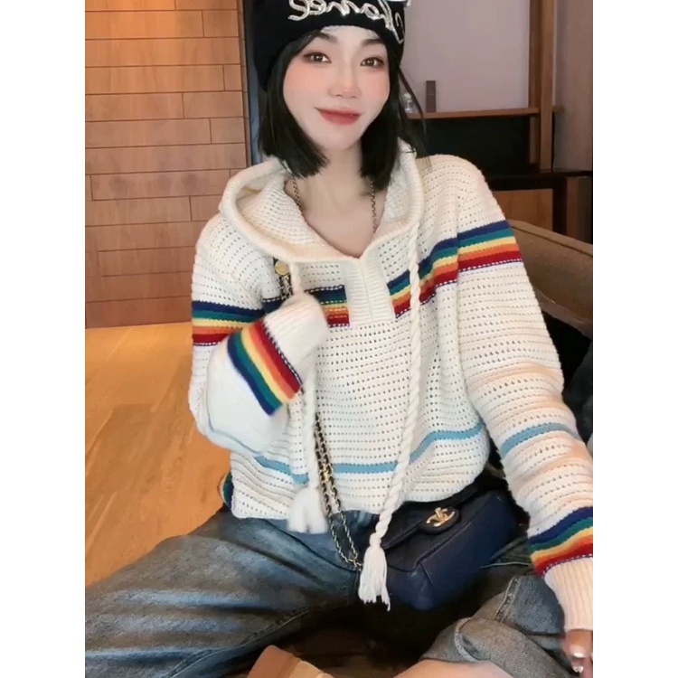 Áo len nữ có mũ phối màu trắng đỏ, Áo hoodie len quảng châu đẹp ulzzang kiểu hàn form rộng dễ thương
