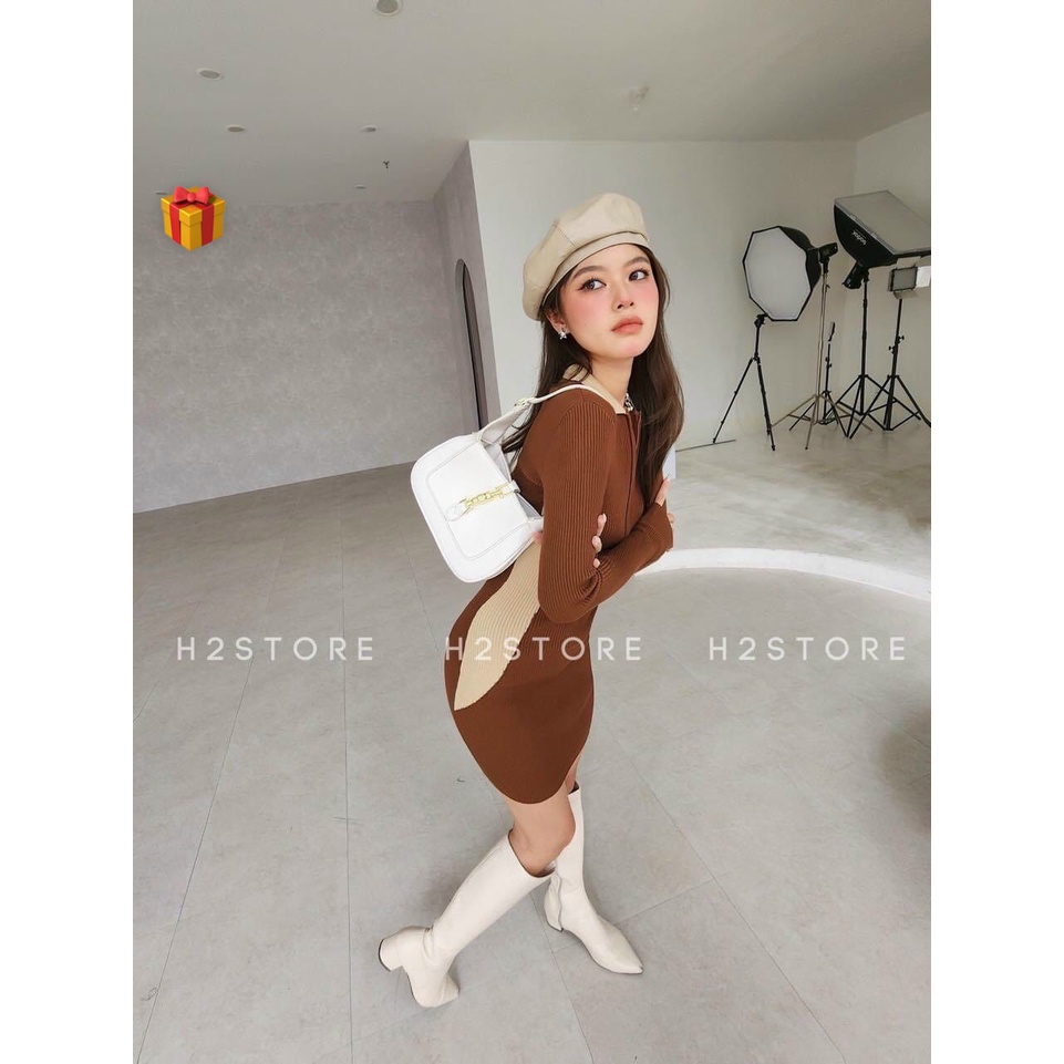 Đầm cổ bẻ tay dài ôm body kiểu dây kéo trước cổ eo màu trắng cực hot , chất thun gân mềm mịn