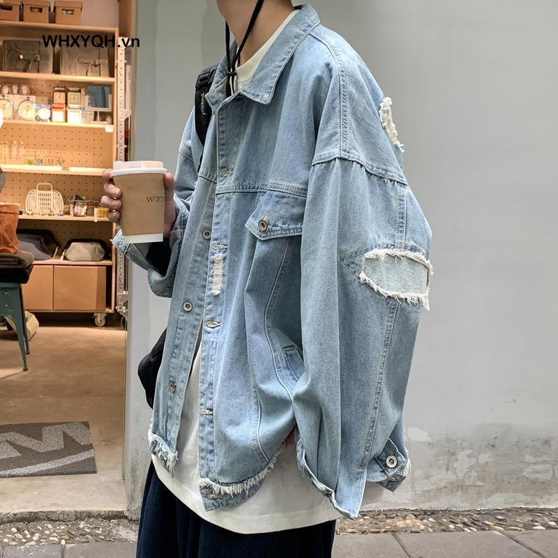 Áo Khoác Denim Dáng Rộng Cỡ Lớn Kiểu Hồng Kông Cá Tính Cho Nam