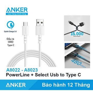 Dây cáp sạc anker usb-a to usb-c 2.0 sạc nhanh qc3.0 15w 18w bọc dù powerline select + a8022 a8023 a8173