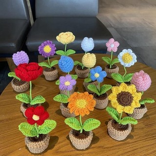 Chậu hoa để bàn mini, chậu hoa để bàn handmade bằng len xinh xắn, chậu hoa 5 cánh, tuy líp, Hồng, hướng dương,… handmade