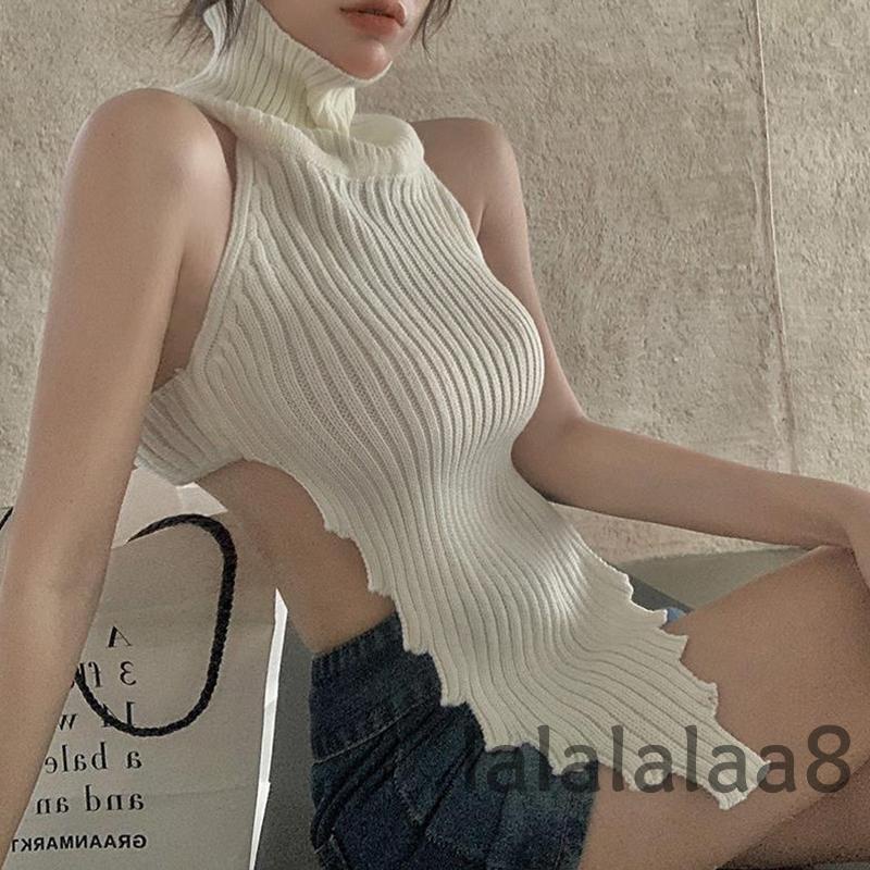 Áo Dệt Kim Sát Nách Cổ Cao Hở Lưng Màu Trơn Thời Trang Mùa Hè Cho Nữ LAA8