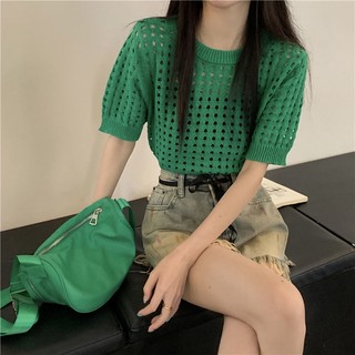Áo Thun Dệt Kim Tay Ngắn Vải Lụa Lạnh Mỏng Màu Xanh Lá Thời Trang Mùa Hè Cho Nữ