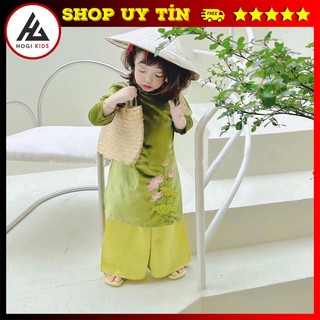 Áo dài cách tân bé gái chất liệu nhung cao cấp họa tết hoa sen đủ size - Hogi clothing