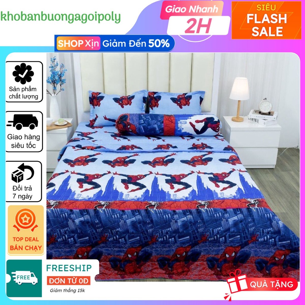 Combo 3 món bộ ga gối 1 ga 2 vỏ gối nằm kích thước m2/m6/m8, mẫu người nhện