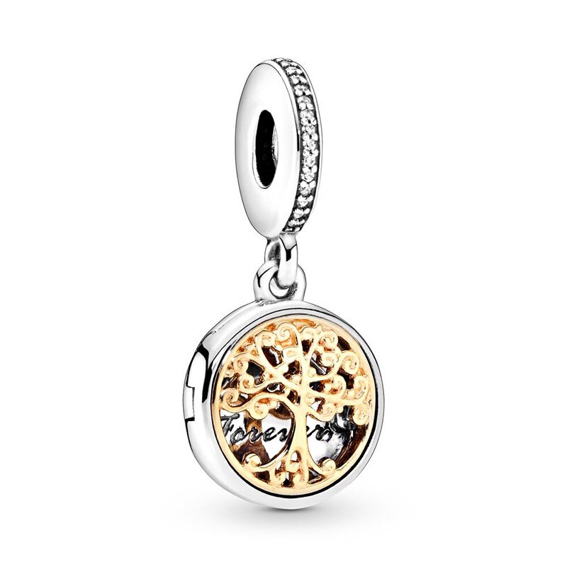 PANDORA Hạt Charm Mạ Bạc 925 Hình Cây Gia Đình / Trái Tim Lấp Lánh Trang Sức DIY Dành Cho Nữ