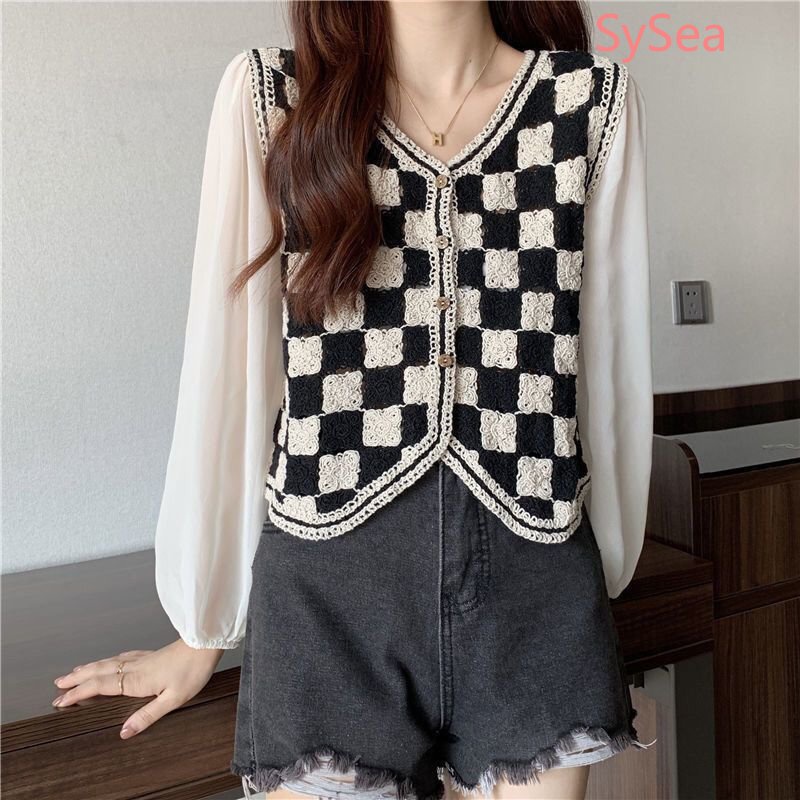 Áo Dệt Kim Tay Dài Sọc Ca Rô Thời Trang Hàn Quốc Cá Tính Cho Nữ