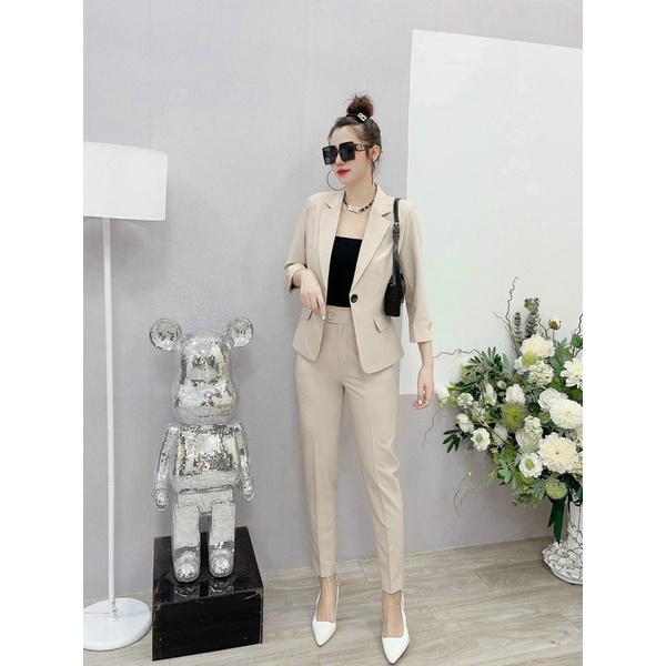 Set Vest nữ công sở trơn áo vest tay lỡ quần tây dài dáng baggy Bộ vest thiết kế MQ Boutique