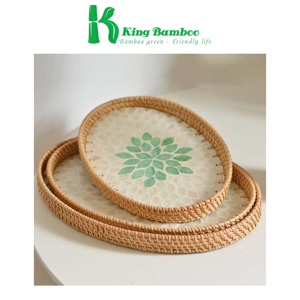 Khay mây khảm trai bày bầu dục,đựng hoa quả đồ ăn, mây tre đan KING BAMBOO