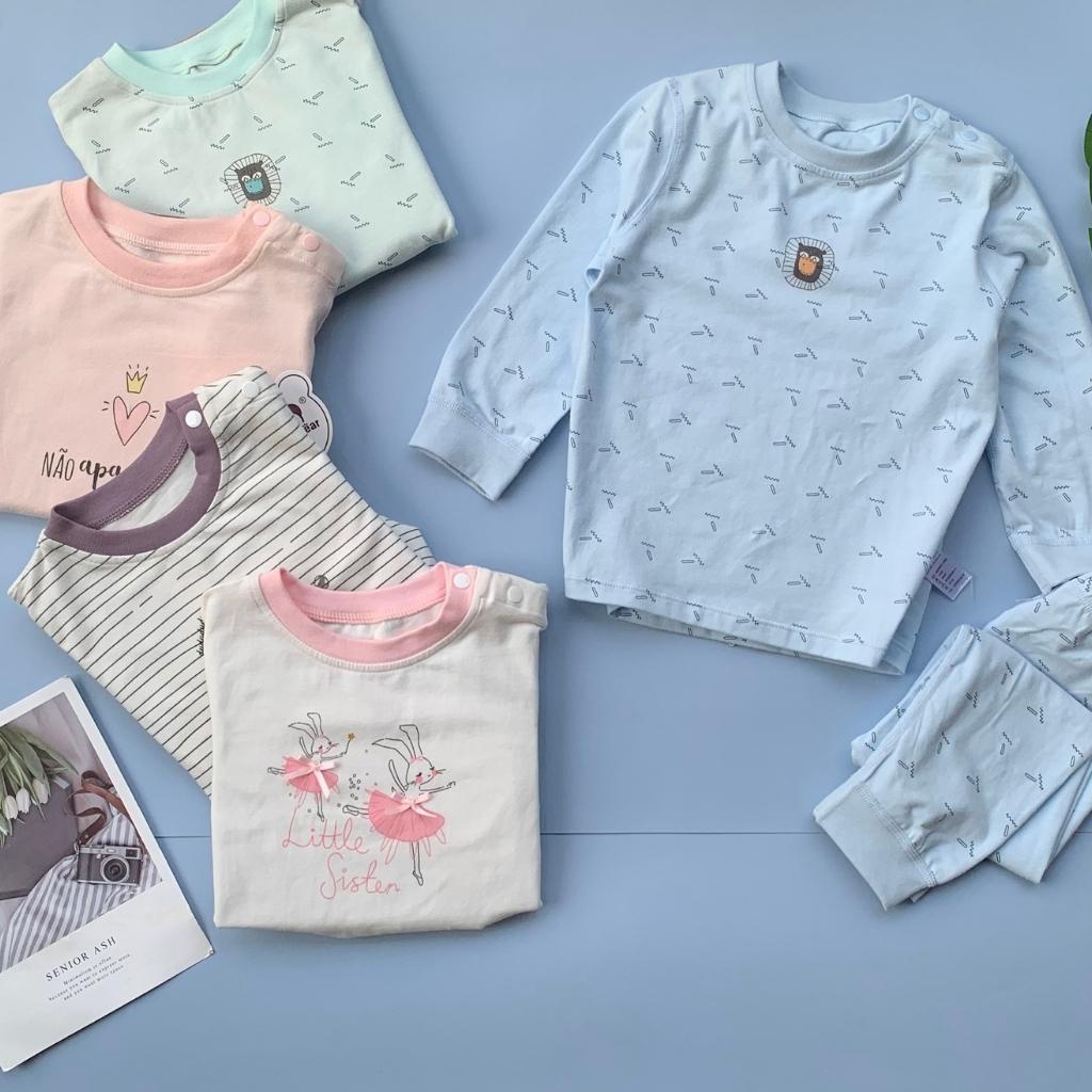 Bộ thu đông cotton dài tay cài vai, quần bo chun cho bé trai, bé gái size 80 - 100, 10 - 16Kg.