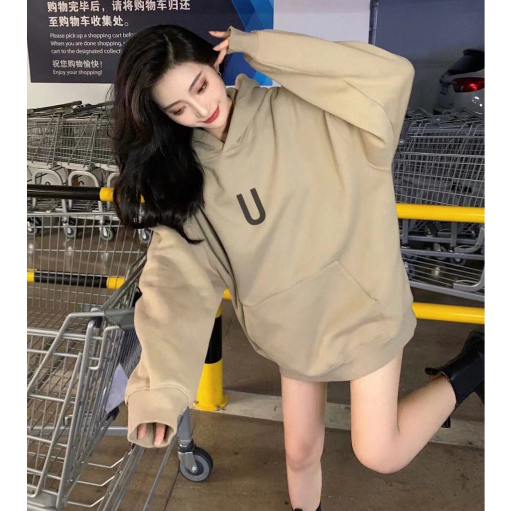 áo sweater Trang phục nữ mùa thu  dài tay có mũ lót nhung in chữ kaki rộng rãi phong cách Hàn Quốc