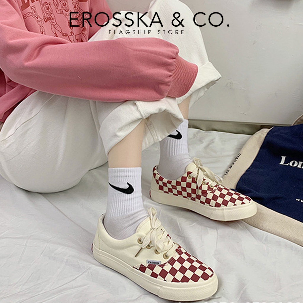 Erosska - Giày sneaker nữ đế bánh mì hoạ tiết caro cá tính màu trắng - GS016
