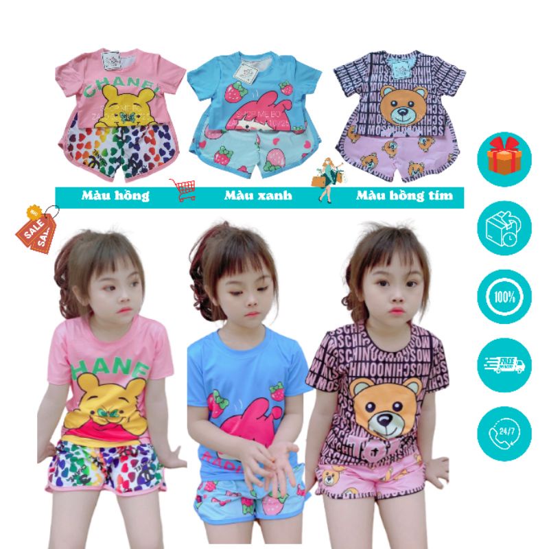 Đồ bộ cộc tay bé gái 1603 chất thun lạnh 3D 4 chiều mát lịm cho bé diện hè size 8-22kg từ 3 tháng đến 15 tuổi