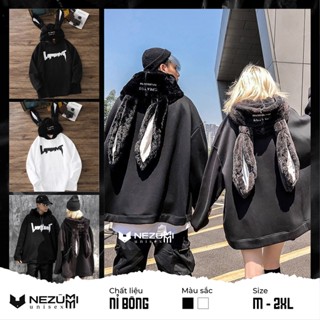 (Sẵn đen, trắng, nâu) Áo hoodie nỉ bông tai thỏ dài siêu to khổng lồ chữ ngực thêu đáng yêu, mũ lông mềm unisex nam nữ