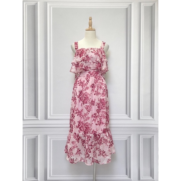 Váy hai dây hoạ tiết hoa HÀ CÚC hàng hiệu chính hãng thời trang nữ V520 màu hồng trắng size M secondhand thanh lý ký gửi