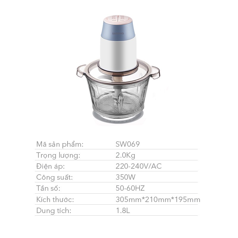 Máy xay đa năng SAMONO SW069 - Máy xay thịt cá và rau củ quả dung tích 1.8L công suất 350W - Bảo hành 12 tháng