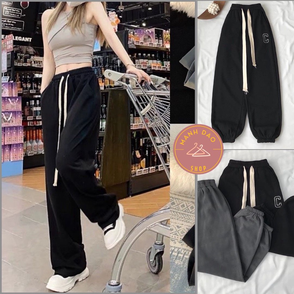 Quần jogger thể thao hình thêu chữ C - Culottes ống rộng rút dây bản to, chất nỉ ngoại mềm mịn, phong cách năng động