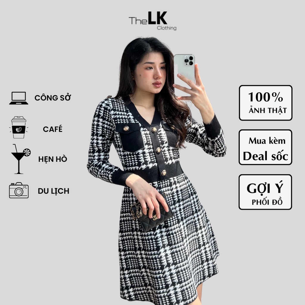 Đầm Len Nữ Tay Dài Đầm Chữ A Dệt Kim Len Cao Cấp Hoạ Tiết Răng Sói The LK Clothing