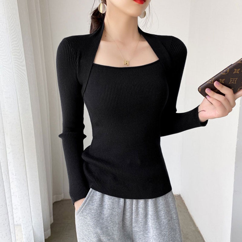 Áo Dệt Kim Tay Dài Cổ Vuông Quyến Rũ Thời Trang Hàn Quốc Cho Nữ