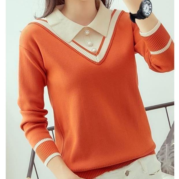 Áo Sweater Dệt Kim Tay Dài Dáng Rộng Cổ Búp Bê Giả Hai Lớp Thời Trang Thu Đông Cho Nữ
