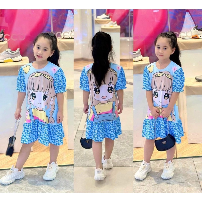 Đầm tay phồng dáng xuông đuôi cá bèo cho bé gái 10kg tới 21kg cho bé mặc đi chơi , đi học , đi tiệc