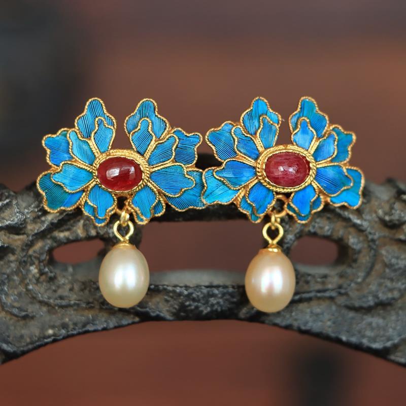 Khuyên Tai Chính Hãng Cloisonne Hoa Mẫu Đơn Lụa Chấm Bi Màu Ngọc Lụa Phong Cách Thành Phố Cổ Điển Hanfu Cho Nữ