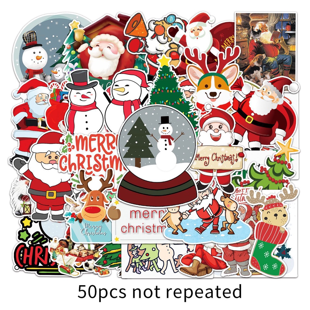 Set 50 sticker chống nước họa tiết ông già Noel Giáng sinh trang trí hành lí có thể tái sử dụng