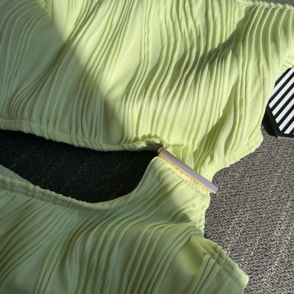 Bikini Một Mảnh Hoạ Tiết Kẻ Sọc Gợn Sóng Màu Xanh Lá Cây Gợn Sóng Một Mảnh Cho