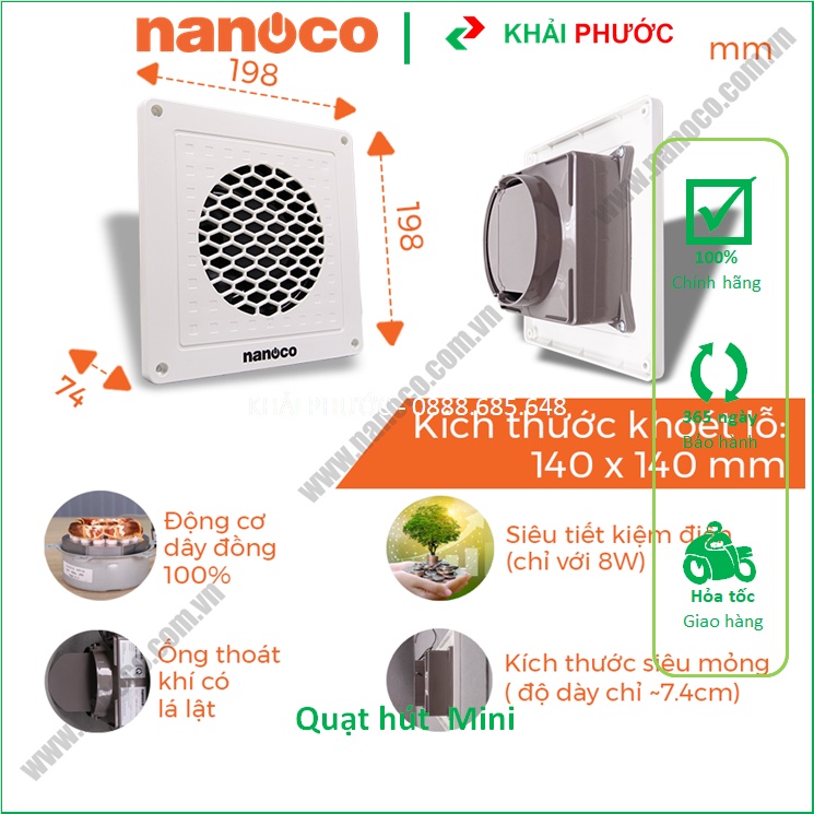 QUẠT HÚT MÙI THÔNG GIÓ GẮN TƯỜNG NHÀ VỆ SINH WC NHÀ TẮM TOILET MINI NMV1421 NANOCO - KHẢI PHƯỚC ELEC