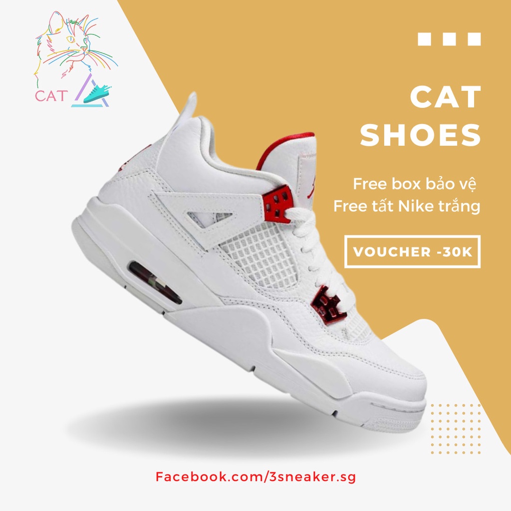Giày Nike Jordan 4 Retro Metallic Red, JD4 Trắng Đỏ Full Box, Phụ Kiện, Tặng Vớ Trắng