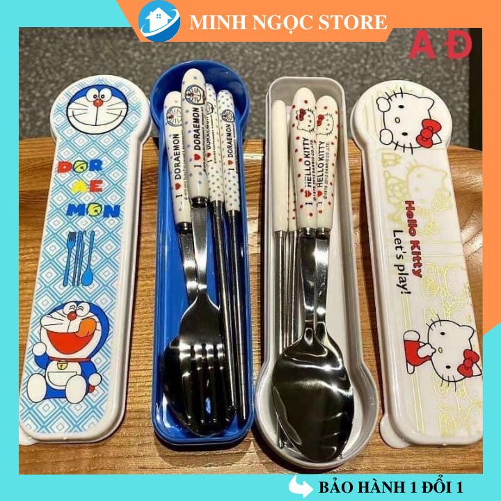 Bộ Đũa Thìa Dĩa Inox Cán Sứ Cách Nhiệt Hello Kitty Doraemon Có Hộp Đựng Siêu Đáng Yêu