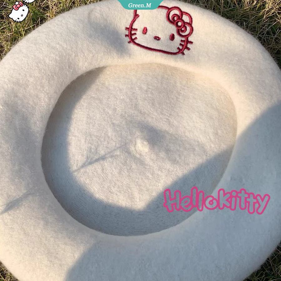 SANRIO Mũ Beret Dệt Kim Phối Lông Hình Hello Kitty Đáng Yêu Thời Trang Thu Đông Cho Nữ