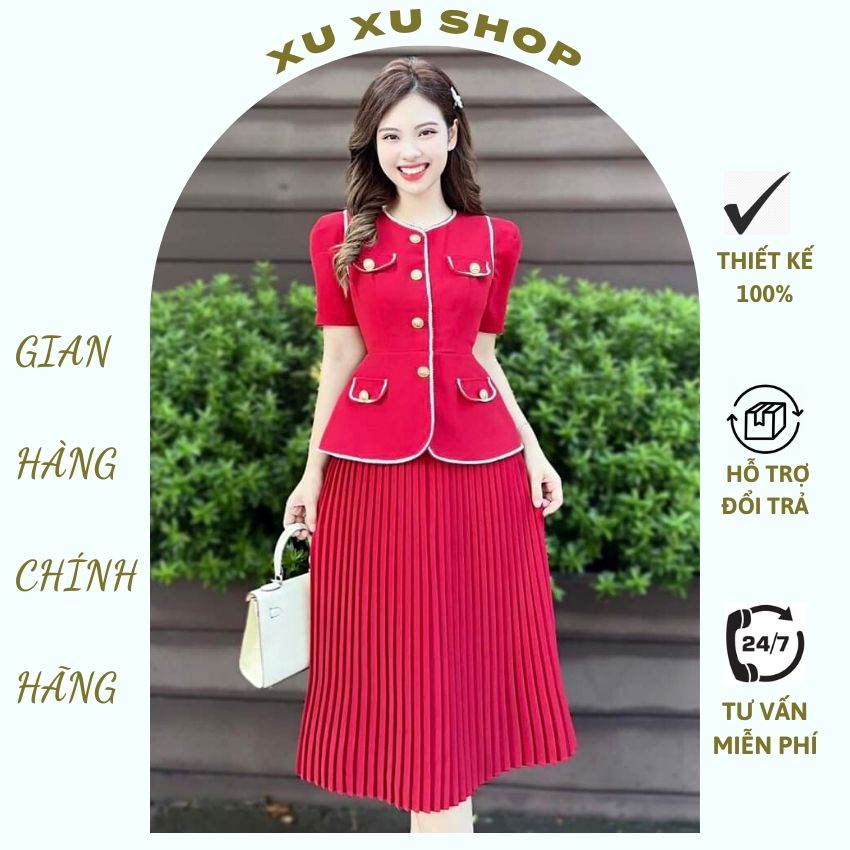 Váy thiết kế giả SET siêu sang chảnh - XU XU SHOP - Đầm nữ cao cấp chân váy xếp ly tỉ mỉ, thời trang công sở thanh lịch