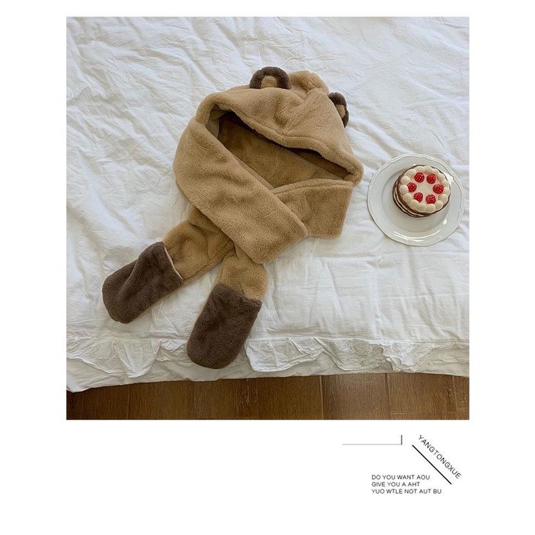 Mũ Trùm Đầu Kèm Khăn Choàng Cổ Và Găng Tay Bằng Vải Bông Dày Chống Lạnh Hình Tai Gấu Dễ Thương Phong Cách Hàn Quốc