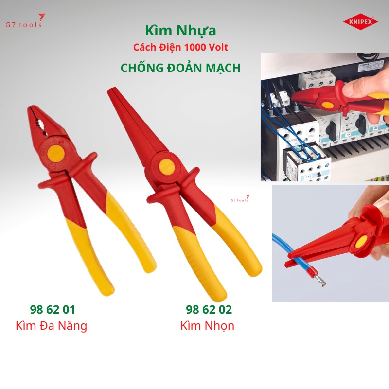 Knipex Kìm Bằng Nhựa Gia Cường Sợi Thủy Tinh Cách Điện 1000 Volt Chống Đoản Mạch 98 62 01 Đa Năng &amp; 98 62 02 Kìm Nhọn_G7